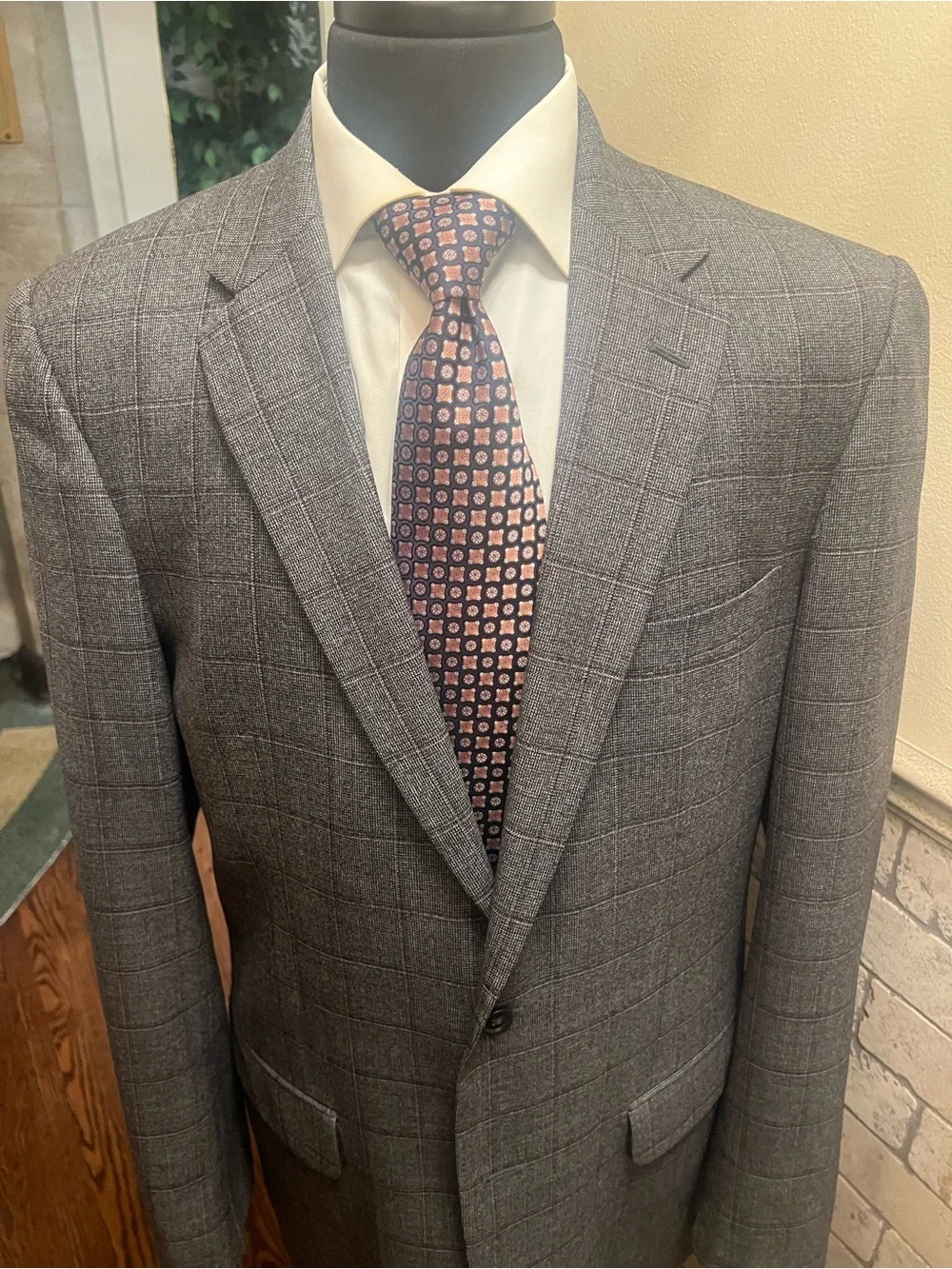 Jos A  Bank Window Pane Sport Coat Blazer Jacket 100% Wool Gray Men 44XL